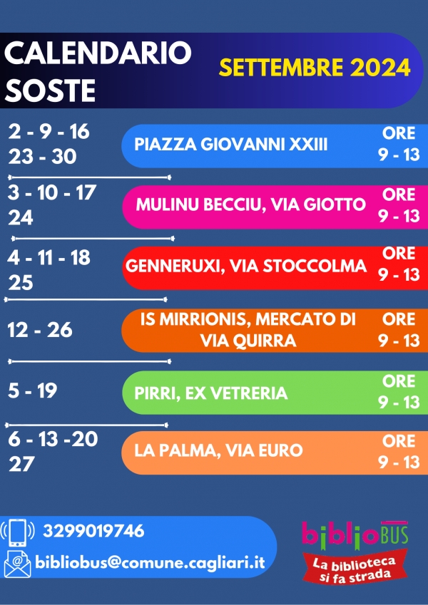 Bibliobus Cagliari: calendario settembre 2024